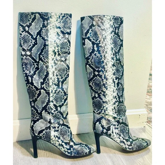 Marc Fisher LTD Black, White and Blue Snakeskin Embossed Leather Heel Boots- 7.5 - Picture 2 of 11